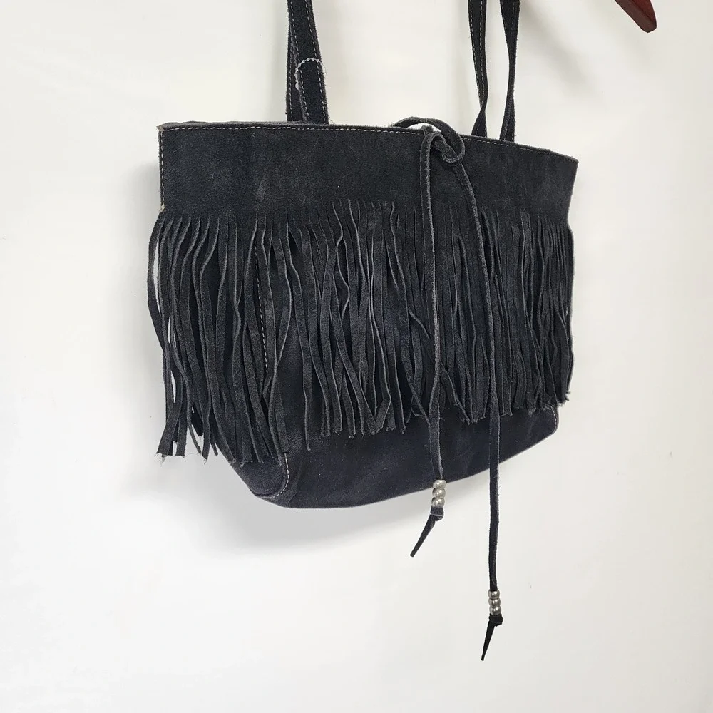 Nine West bag Suede Fringe Black BOHO PEASANT Aztec PRAIRIE‎ Cottagecore Hippie